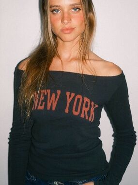 Brandy Melville Black Off-the-Shoulder Top with Red 'New York' Print